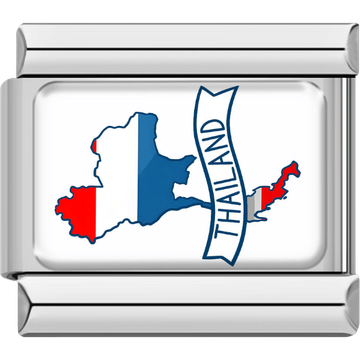 Rectangular Italian charm with a silver border showing the map of Thailand in blue, white and red flag stripes with a vertical “Thailand” banner overlapping the map outline.